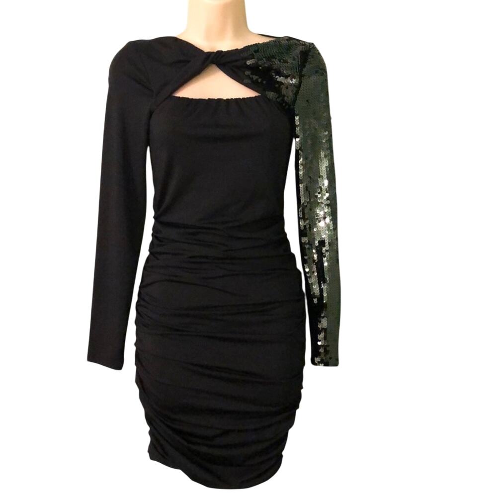 Arden B Black Knit Ruched Dress w green sequins Woman Size XS Fancy Party Chic